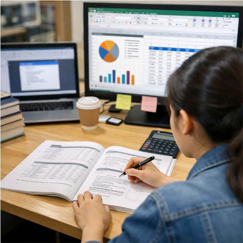 컴퓨터 자격증 시험을 준비하며 프로그램을 연습하는 학습 장면