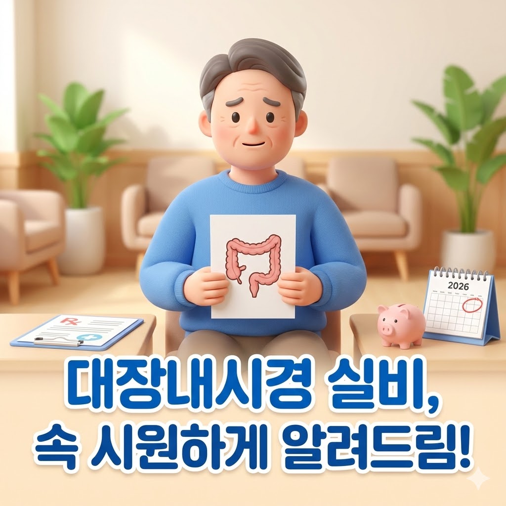 대장내시경 실비 청구 방법을 고민하는 사람이 복잡한 서류와 대장 그림을 보며 해결책을 찾는 3D 카툰 일러스트. 2026년 최신 정보.