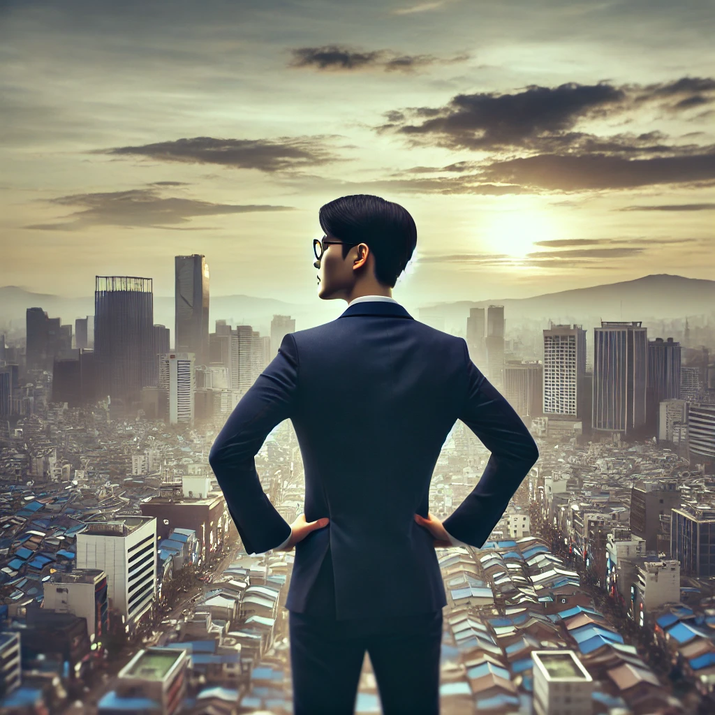 도시 전경 위의 옥상에 서서 자신감 넘치는 표정을 짓는 남성, 자기 믿음과 포부를 상징하는 장면