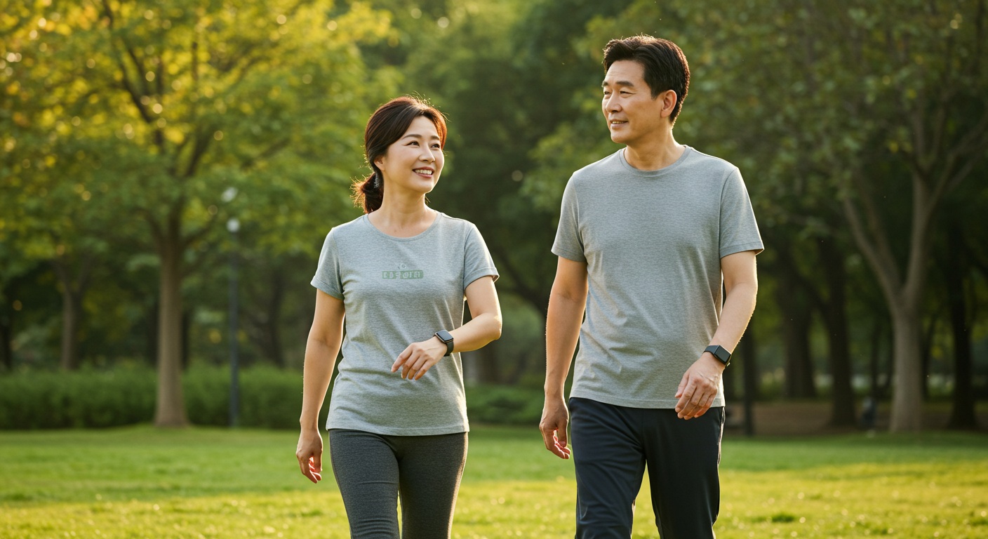 공원에서 걷는 중년 남녀와 스마트워치의 걸음수 화면