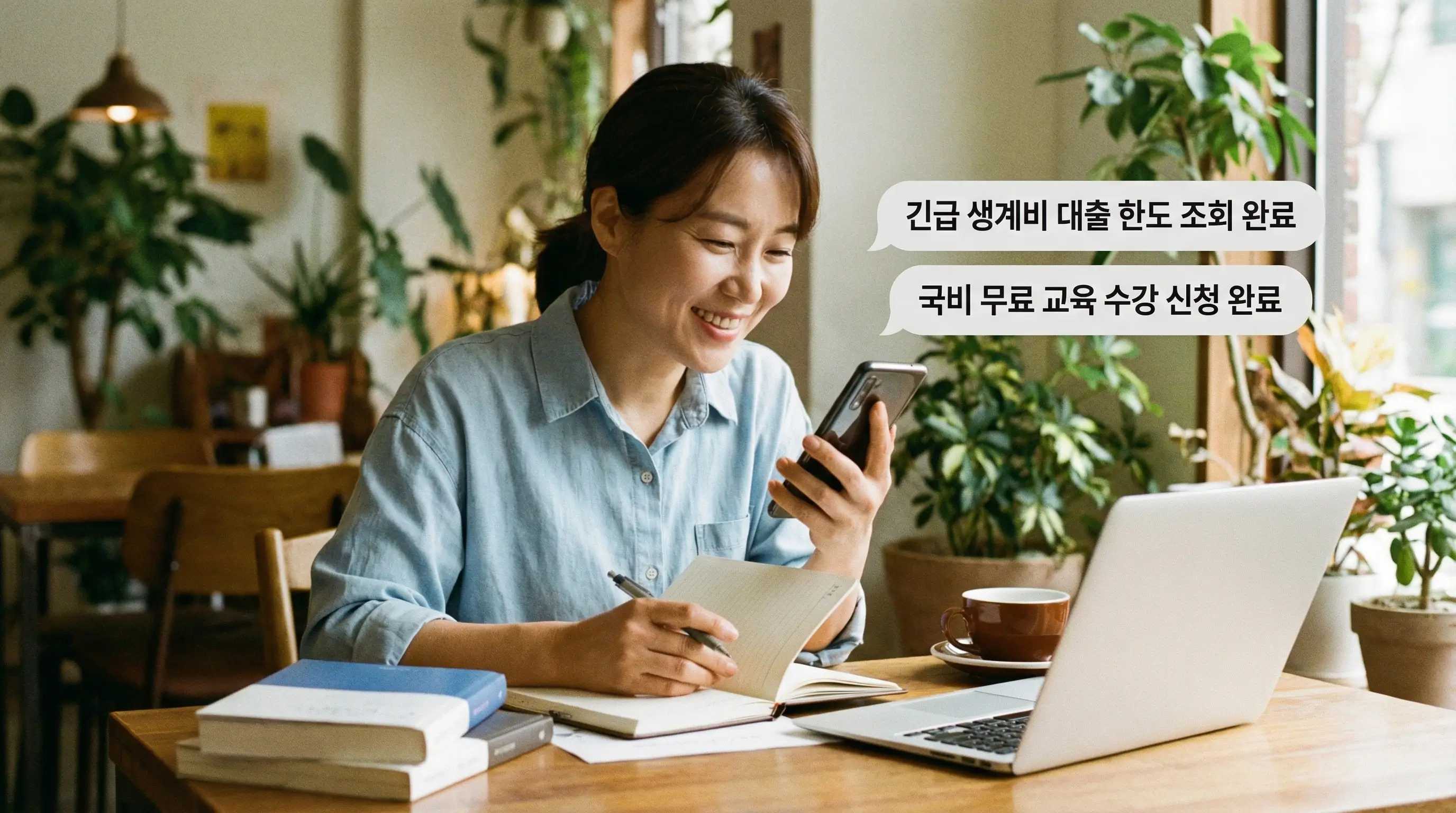스마트폰으로 안전하게 긴급 생계비 대출 한도를 조회하고 국비 무료 교육을 수강 신청하는 현명한 구직자의 모습