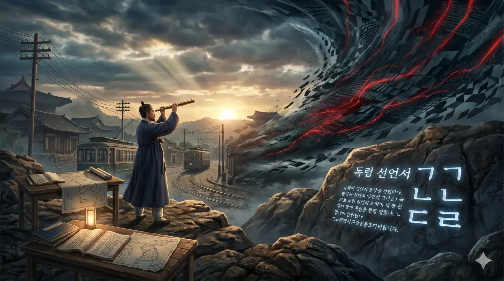[모래알의 망원경] 문화 복원: 낡은 원고지 위에 우리말 단어들을 붓과 펜으로 빼곡하게 교정하고 있는 조선어학회 학자들의 작업 풍경