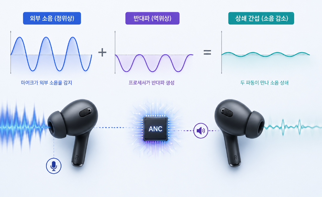 정위상과 역위상 음파가 만나 소음을 상쇄하는 원리를 설명하는 이미지
