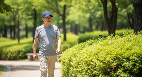 한국의 공원에서 모자 쓴 중년 남성이 산책 중인 모습