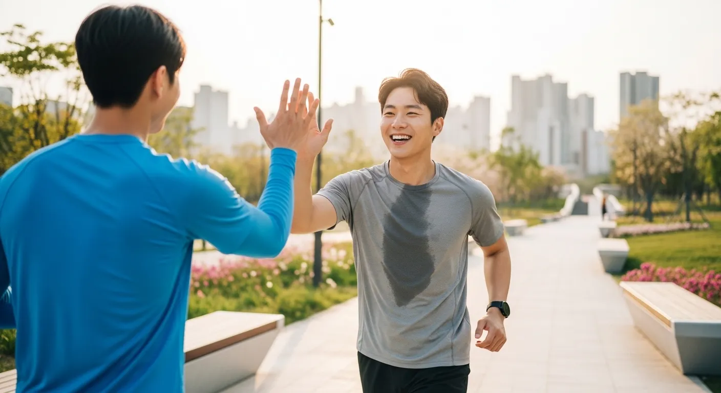 짧은 달리기를 마친 후 친구와 하이파이브하며 밝게 웃는 젊은 한국인 남성, 작은 성취에 대한 즉각적인 보상과 기쁨을 표현한다