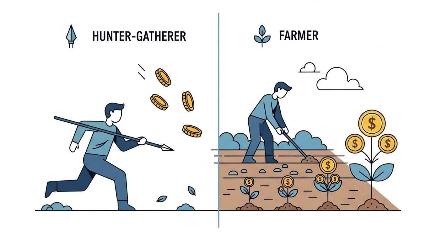 수렵채집인과 농부의 경제 활동을 대비하여 소비와 투자의 차이를 보여주는 비교 인포그래픽.