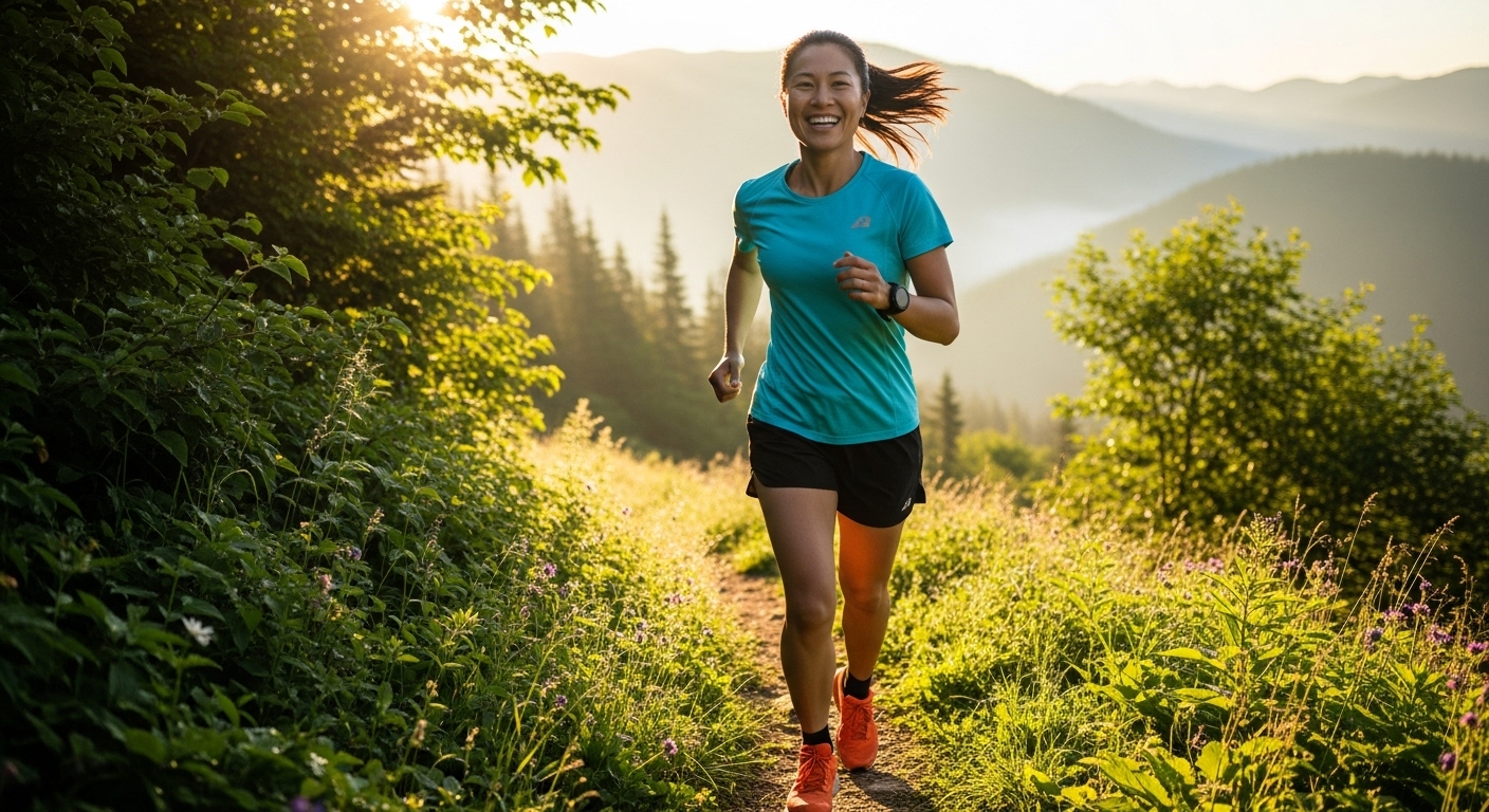 야외에서 밝게 웃으며 조깅하는 활기찬 사람, 활력 넘치는 모습.