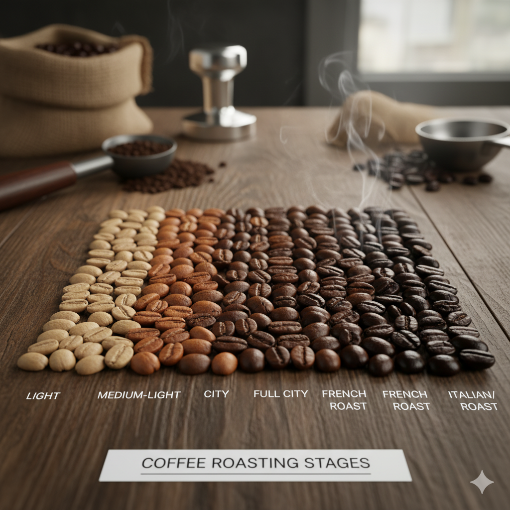 커피 로스팅 단계별 원두 색상 변화: 밝은 갈색의 약배전부터 짙은 흑갈색의 강배전까지 나란히 배열된 모습(이미지 생성:google)