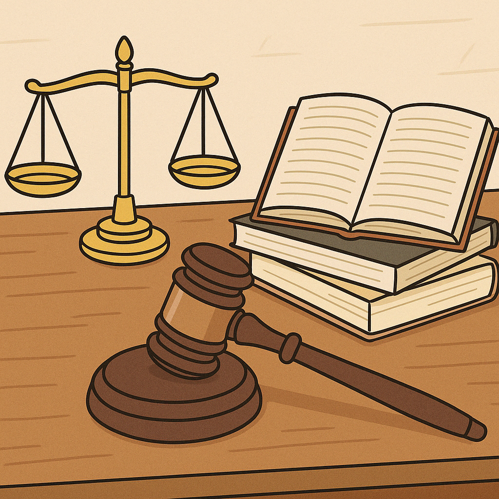 저울, 판사봉, 법서가 포함된 만화풍 일러스트 – 블로그 중간 삽입용으로 적합한 2D 스타일 이미지
