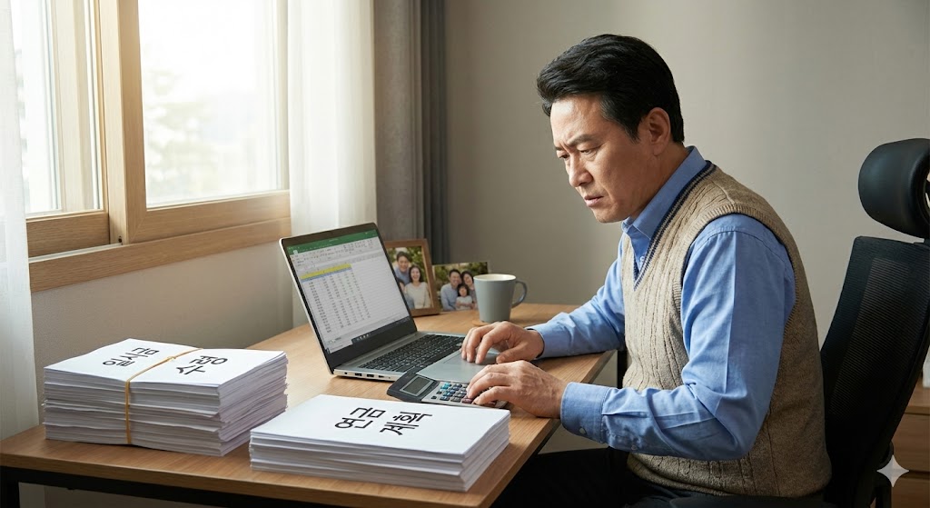 고민에 빠진 투자자가 퇴직금 일시금과 연금 수령 사이에서 계산기를 두드리는 현실적인 모습