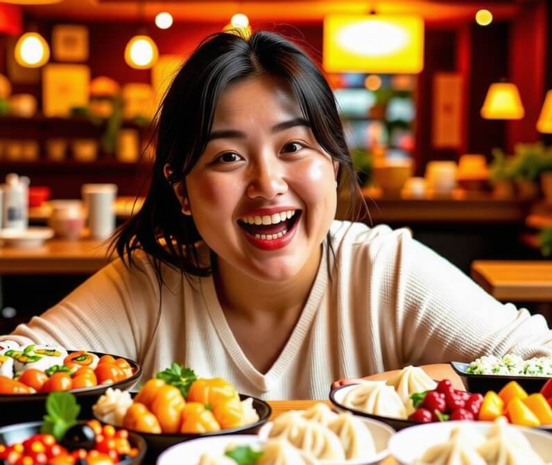 뚱뚱한-여자가-많은-음식-앞에서-환하게-먹고-있는-사진입니다.