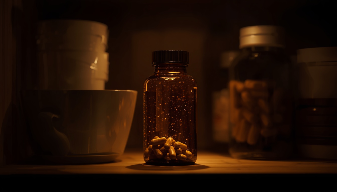 Amber glass supplement bottle stored in a cool and dark pantry shelf ensuring long-term molecular stability