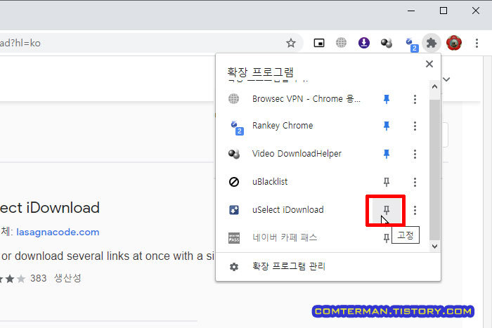 구글 크롬 확장 프로그램 고정