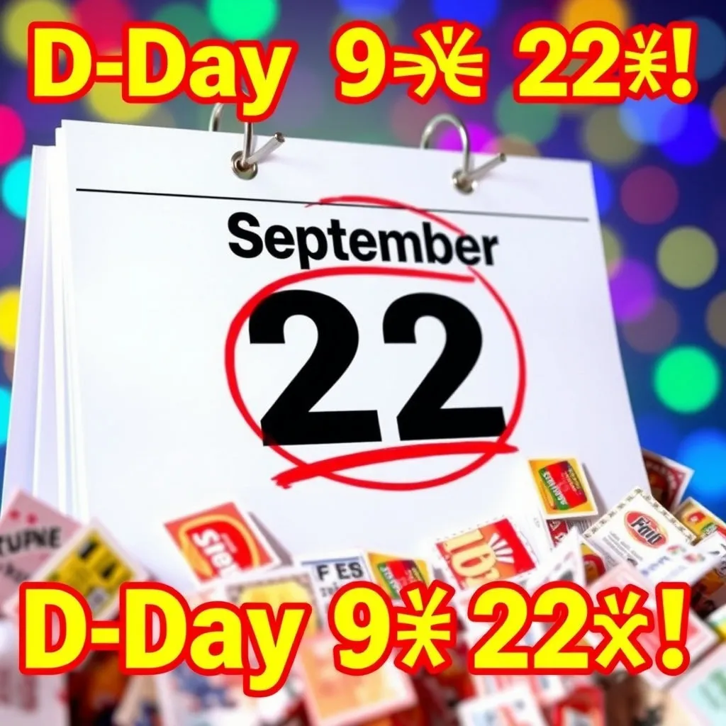 커다란 달력에 9월 22일 날짜가 붉은색으로 동그라미 쳐져 있고, 그 주위에 쏟아지는 듯한 쿠폰 이미지를 배치하여 설렘과 기대를 표현합니다. 'D-Day 9월 22일!'과 같은 카피를 넣어 가시성을 높일 수 있습니다.