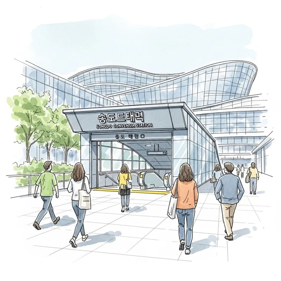 송도컨벤시아 근처 지하철역에서 나오는 사람들