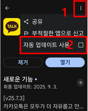 더보기 클릭 후 자동 업데이트 설정 해제