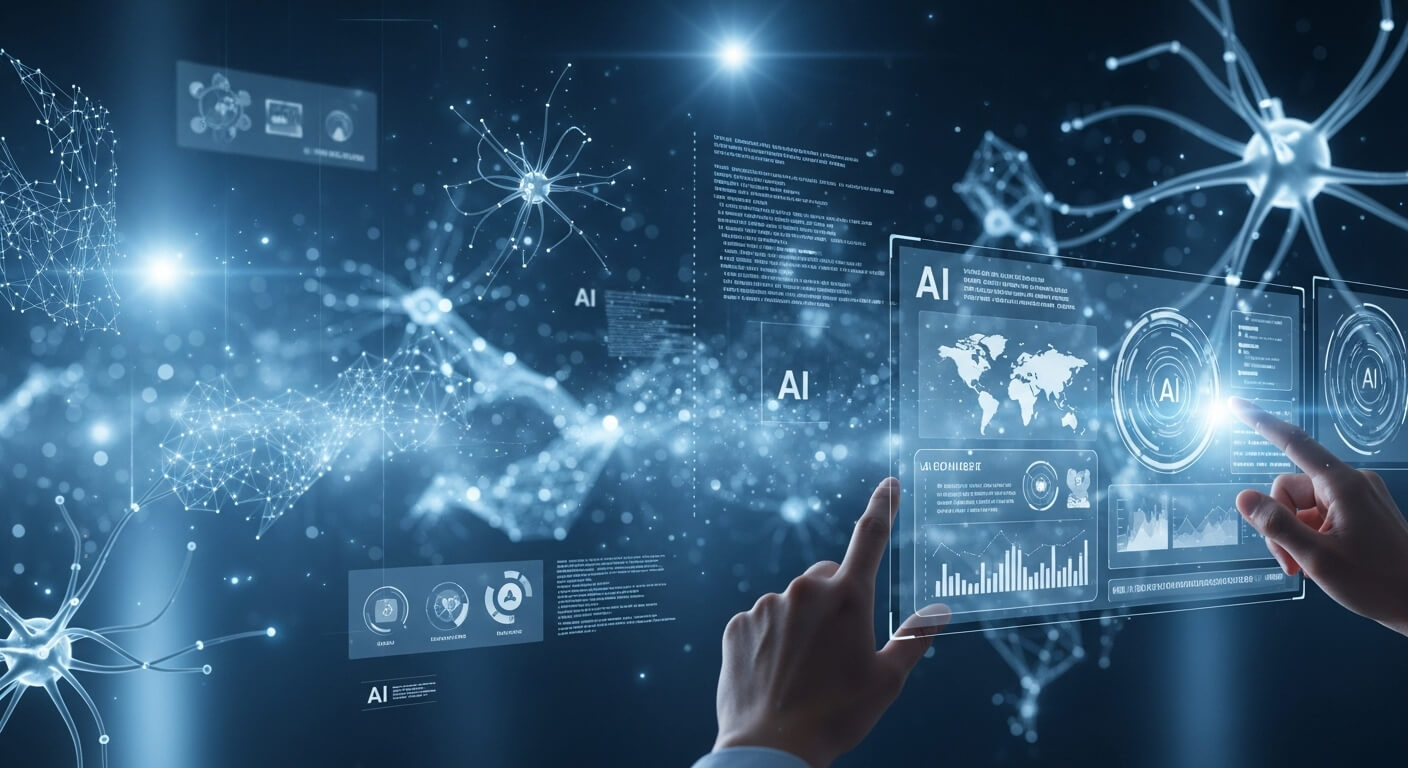 챗GPT를 넘어선 차세대 AI 기술을 상징하는 미래 지향적인 인터페이스 이미지