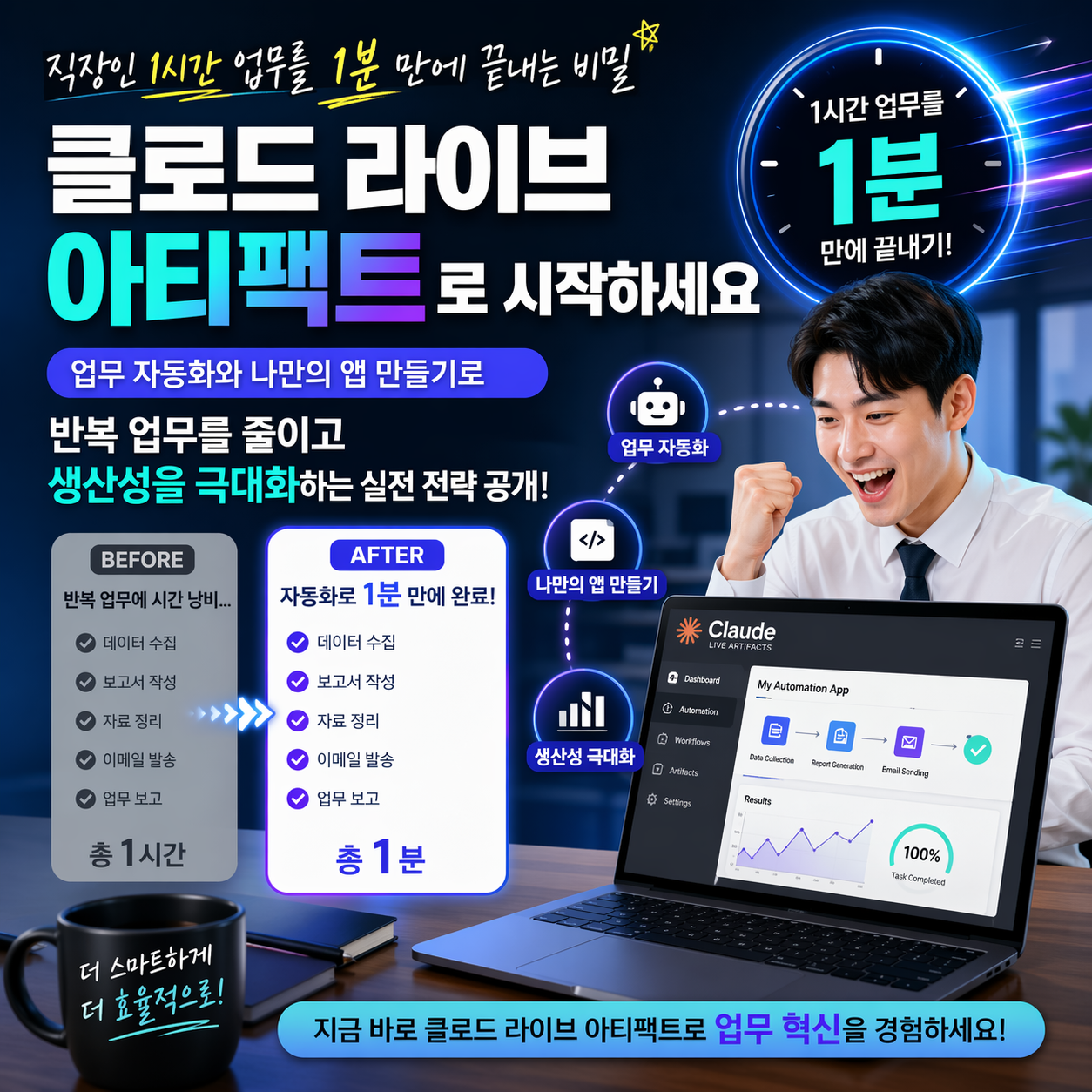 직장인 1시간 업무를 1분 만에 끝내는 비밀, 클로드 라이브 아티팩트로 시작하세요. 업무 자동화와 나만의 앱 만들기로 반복 업무를 줄이고 생산성을 극대화하는 실전 전략 공개.