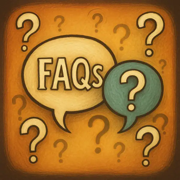 물음표와 말풍선 아이콘으로 구성된 FAQ 섹션 안내 일러스트, 팀 버튼풍 감성적 스타일