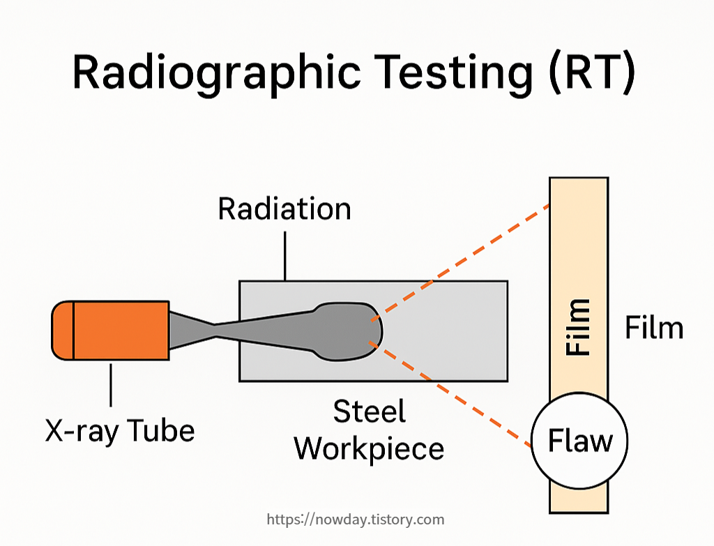 Illustration showing X-ray RT inspection of a steel workpiece, with radiation passing through a flaw and being captured on a film for non-destructive testing