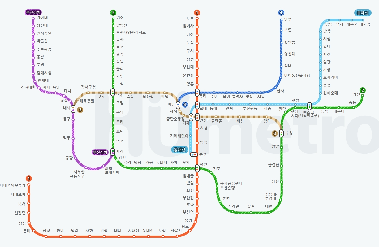 1호선부터 동해선까지 포함된 부산 전체 지하철 노선도