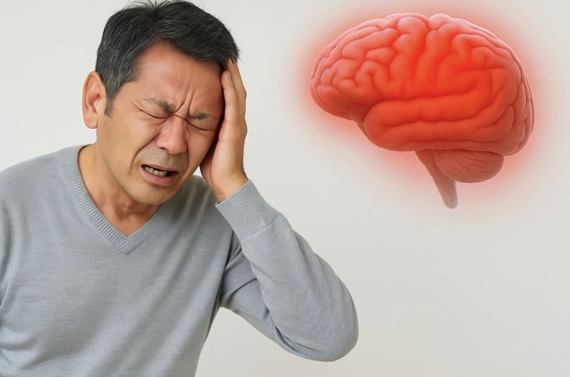 한 손으로 머리를 짚고 있는 남성 옆에 뇌 일러스트가 강조된 이미지. 뇌졸증을 상징.