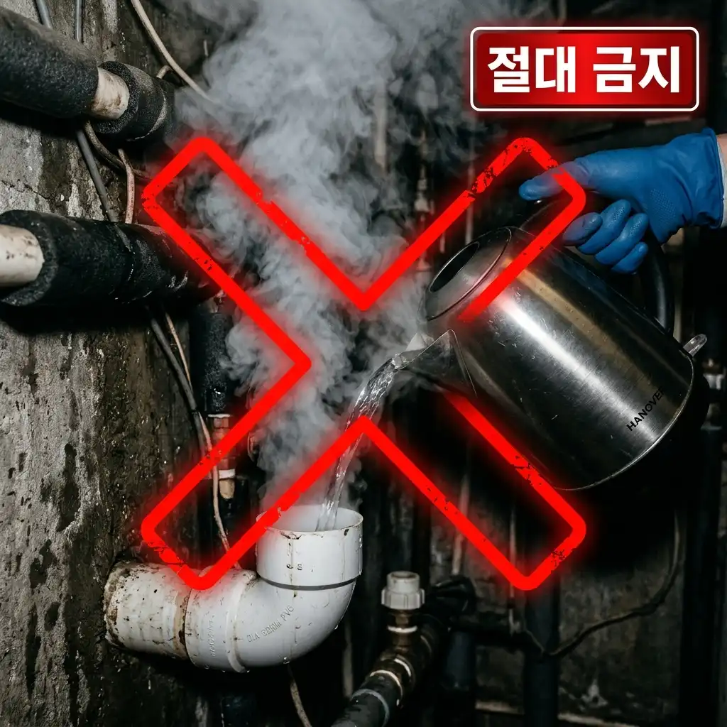 베란다 PVC 배관 변형과 파손을 막기 위해 끓는 물을 절대 붓지 말라는 경고 이미지