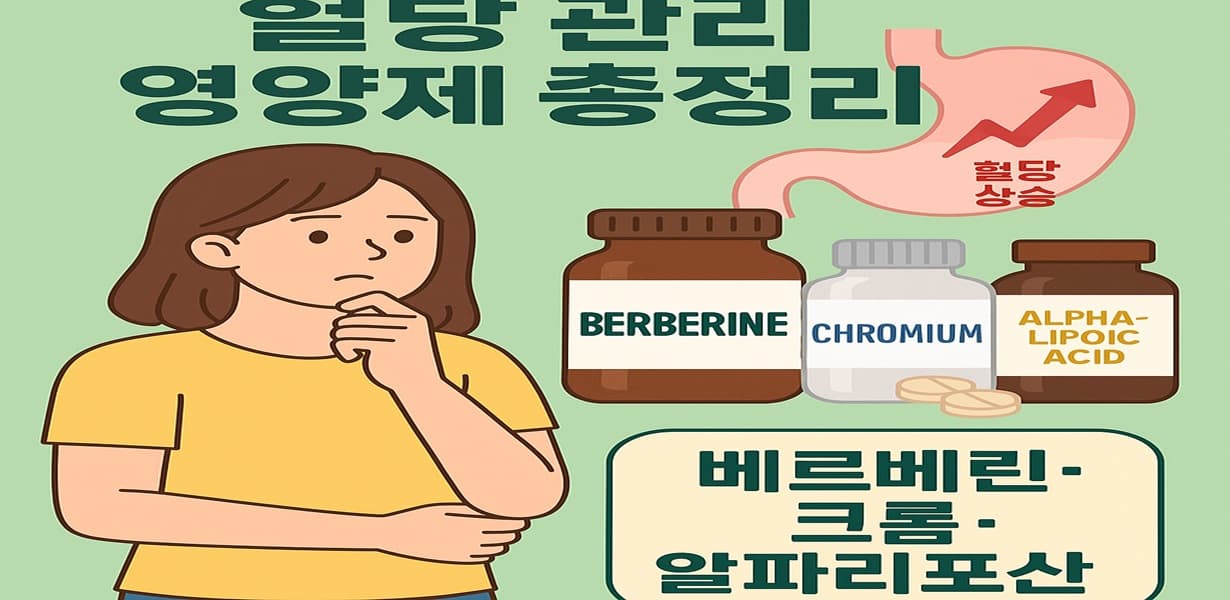 혈당 관리를 고민하는 여성과 함께 베르베린, 크롬, 알파리포산 영양제 병이 나열된 인포그래픽