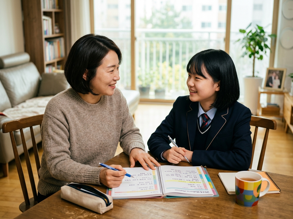 학부모와 중학생 자녀가 다음 시험 계획에 대해 이야기하는 모습