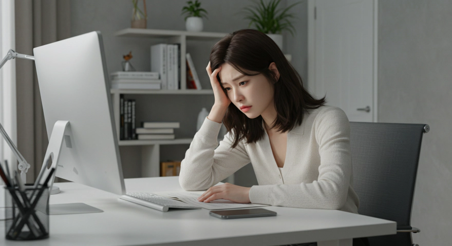 일에 몰두하려 하지만 집중하지 못하는 한국인 여성