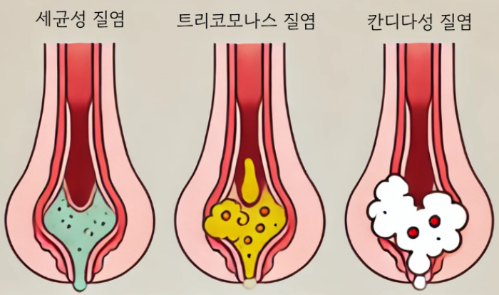 세균성 질염, 트리코모나스 질염, 칸디다성 질염의 상태를 비교한 이미지