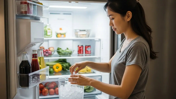 집 냉장고 문을 열고 손으로 얼음을 꺼내고 있는 모습