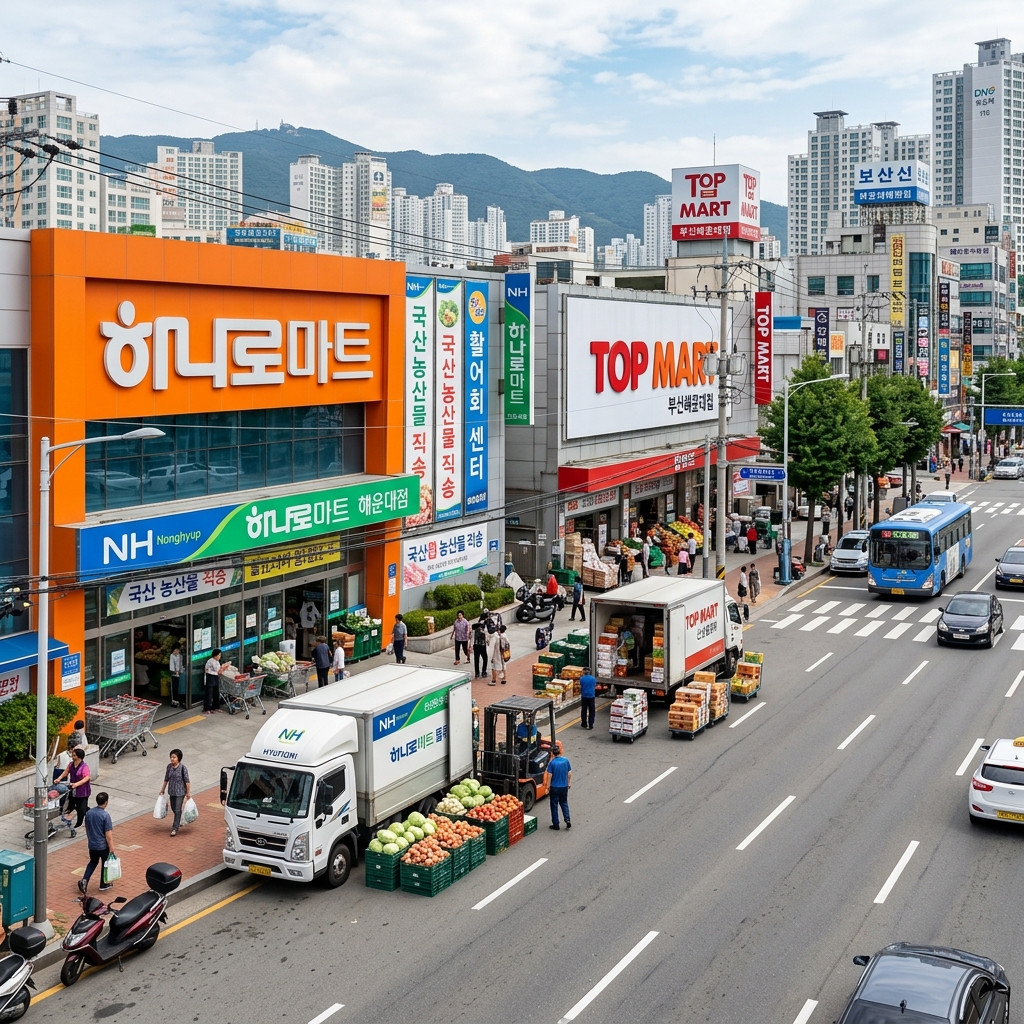 한국 지방 거점 도시에 위치한 농협 하나로클럽 및 중대형 식자재마트의 깔끔한 전경
