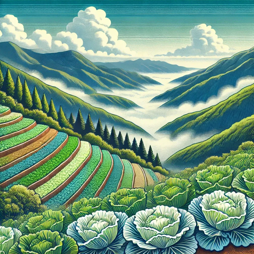 강원도 고랭지의 계단식 배추밭과 안개 낀 산 풍경