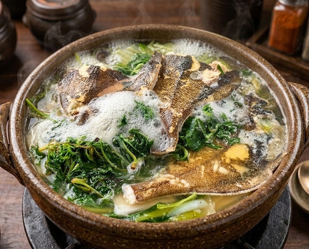 가스레인지 위 뚝배기에서 보글보글 끓고 있는 도다리 쑥국, 김이 모락모락 피어오르는 생생한 조리 모습.