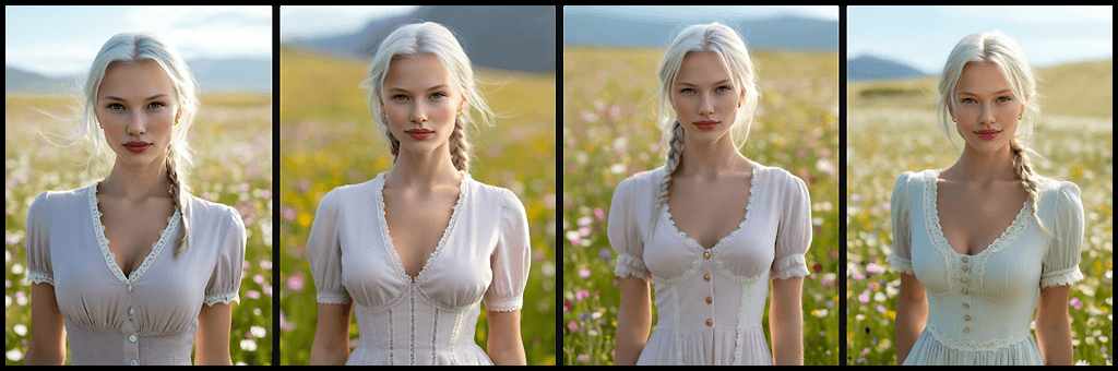 GPT 활용 예시, '슬림하고 우아한 체형' 등의 키워드를 입력하여 '햇살 받은 야생화 밭의 여성'이라는 문장형 프롬프트로 변환된 GPT 출력 화면_Midjourney