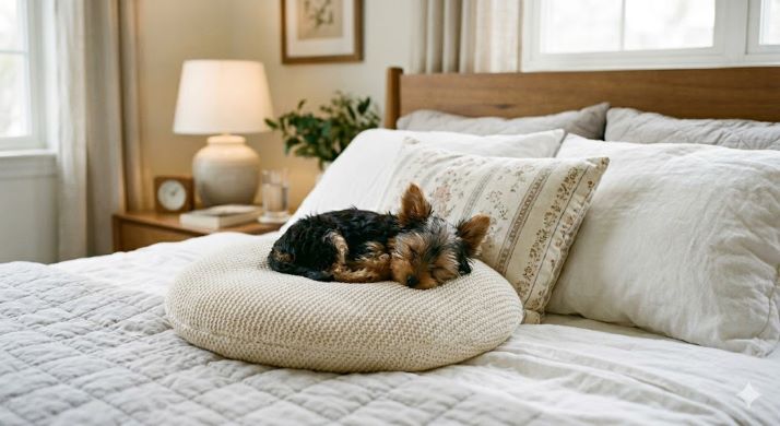 보호자의 침대에서 잠든 아기 요크셔테리어의 사진