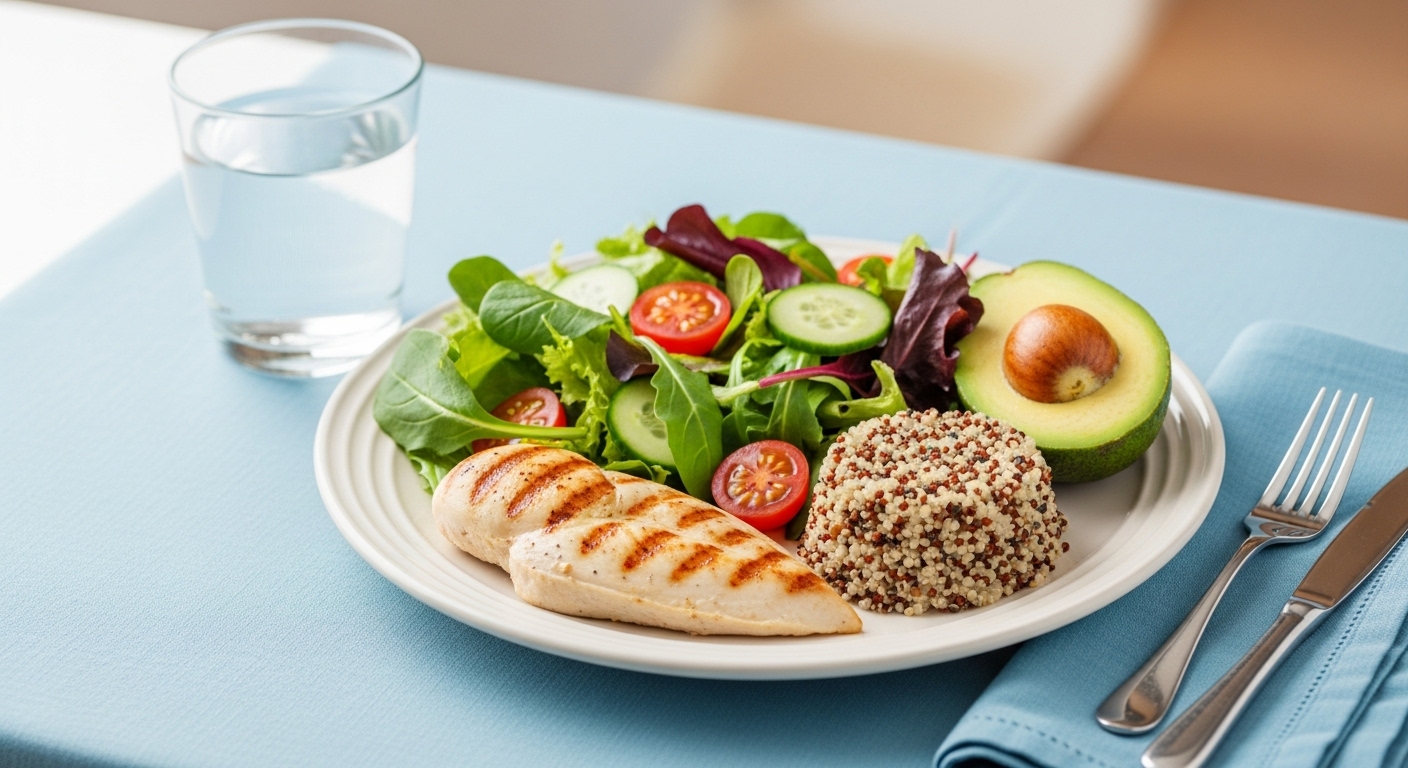 잘 차려진 건강한 식단. 닭가슴살, 퀴노아, 채소 샐러드, 아보카도 등 혈당 관리에 좋은 저혈당 지수 음식들로 구성된 균형 잡힌 식사.