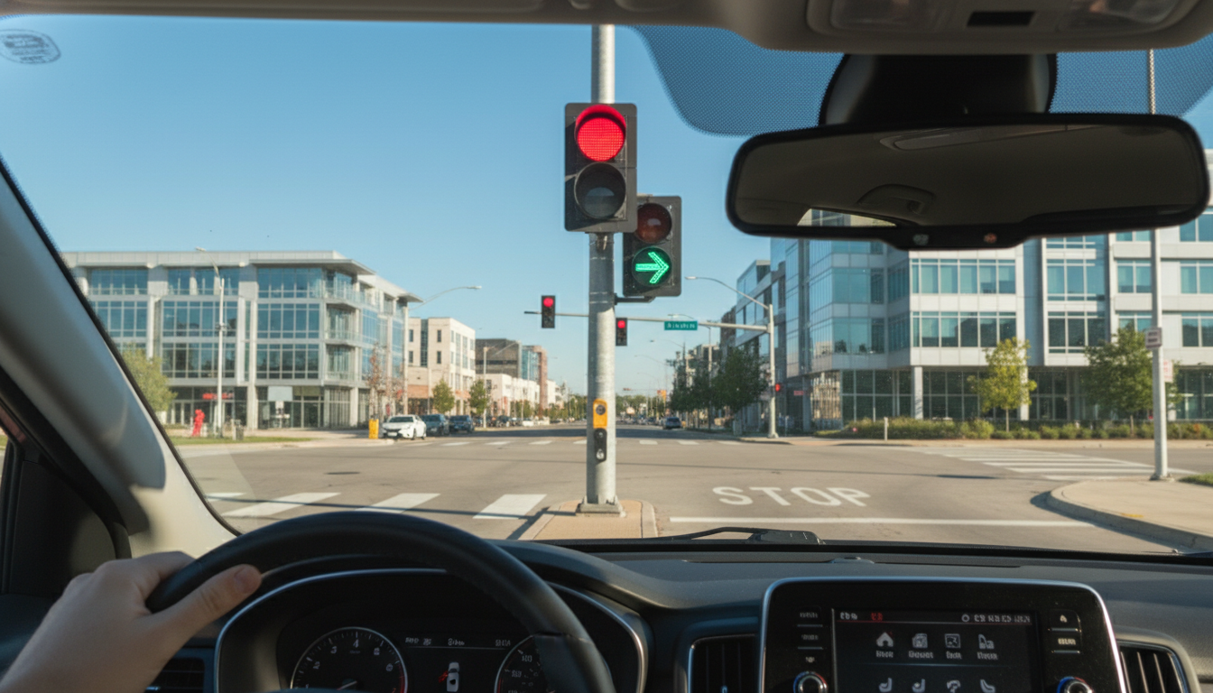 전방 적색 신호와 우회전 전용 신호등이 설치된 교차로에서 운전자가 바라본 정지 상황