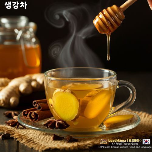 꿀을 뿌린 꿀 생강차 한 잔의 클로즈업.
