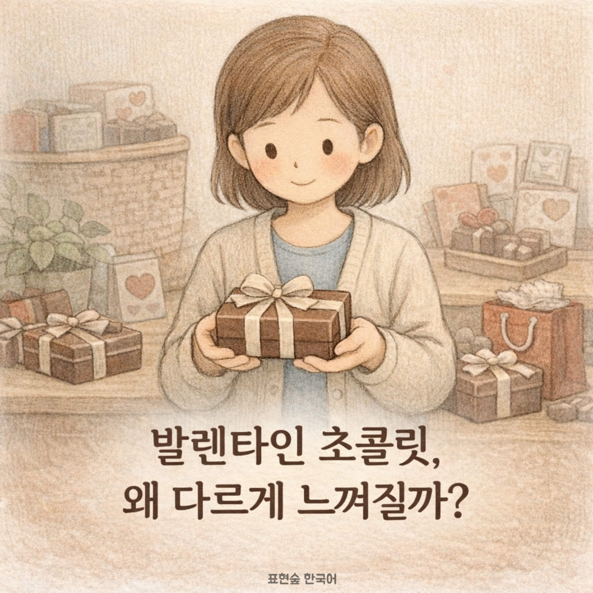 발렌타인데이에 초콜릿을 따로 준비해 마음을 전하는 차분한 장면