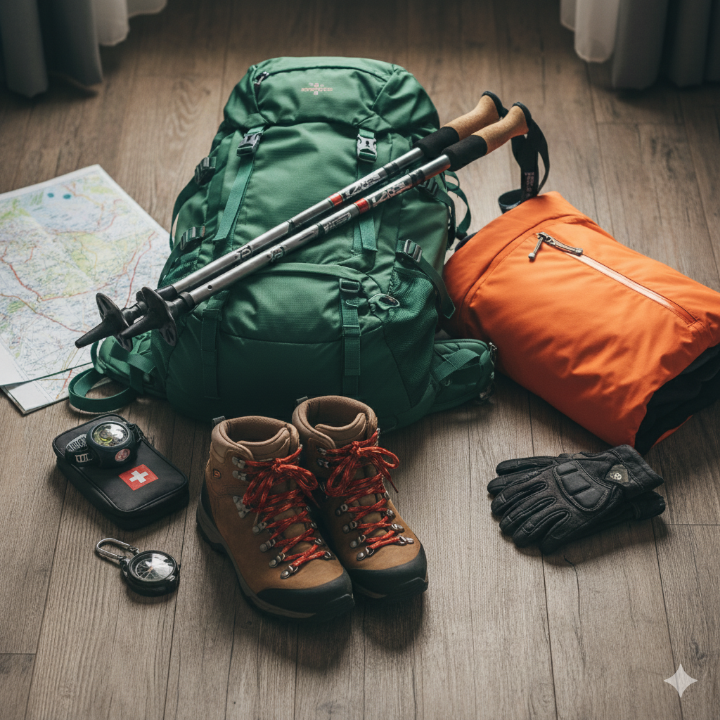 다양한 등산 장비가 정갈하게 놓여있는 모습