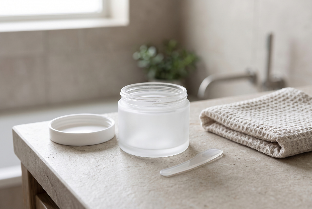 A plain cosmetic jar, separate lid, spatula and folded towel in a bathroom concept scene