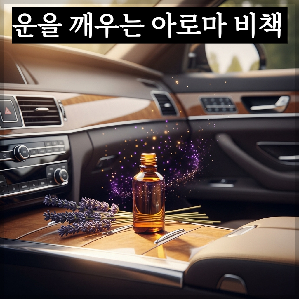 햇살이 은은하게 들어오는 고급스러운 자동차 실내의 센터페시아 위에 정갈한 갈색 유리병에 담긴 에센셜 오일과 라벤더 꽃이 놓여 있는 모습. 공기 중에 부드러운 보랏빛과 황금빛 입자가 떠다니며 평온하고 치유되는 분위기를 자아내는 고화질 사진