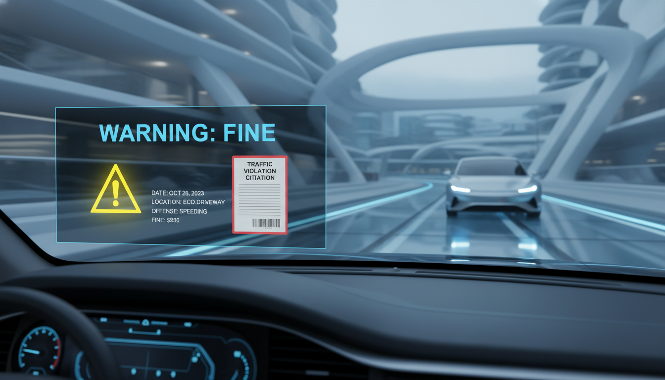 경고 표시와 과태료 고지서가 그려진 디지털 대시보드 및 전기차 일러스트