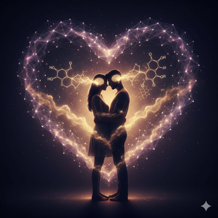 따뜻한 조명 아래 서로를 포옹하고 있는 부부의 실루엣과 함께 뇌에서 분비되는 옥시토신 호르몬의 분자 구조가 황금빛 입자처럼 두 사람을 감싸고 있는 모습. 배경에는 사랑과 유대를 상징하는 부드러운 하트 모양과 연결된 신경망 일러스트가 있는 감성적이고 과학적인 이미지