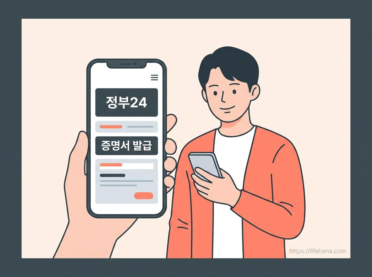 부모가 집에서 편리하게 스마트폰 모바일 화면을 통해 정부24 포털에 접속하여 자녀의 장애인증명서를 비대면으로 조회하는 인포그래픽