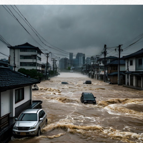 폭우 속 침수된 도심 도로 장면