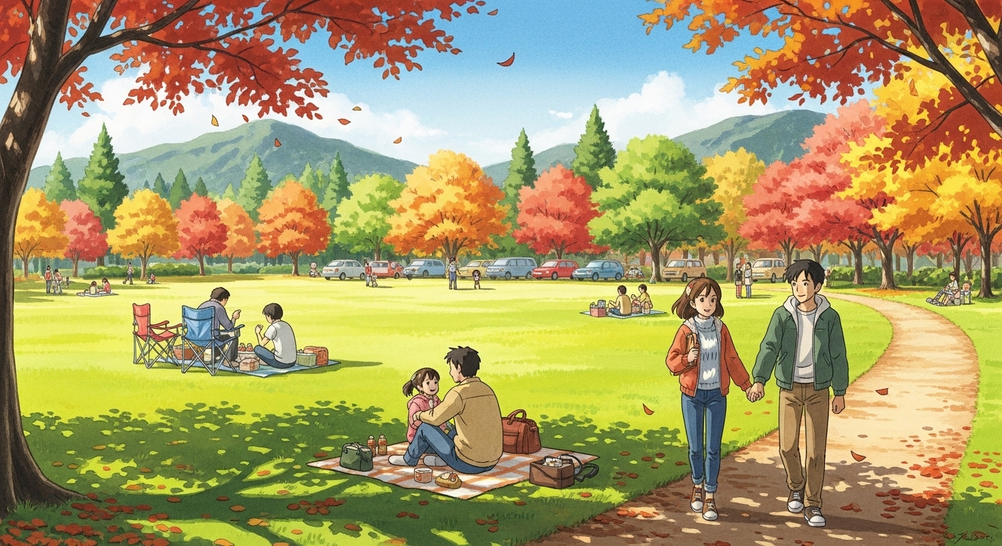 미사경정공원의 가을 단풍 풍경 속에서 산책하고 피크닉을 즐기는 사람들과 손잡고 걷는 30대 커플, 지브리 애니메이션 스타일 일러스트