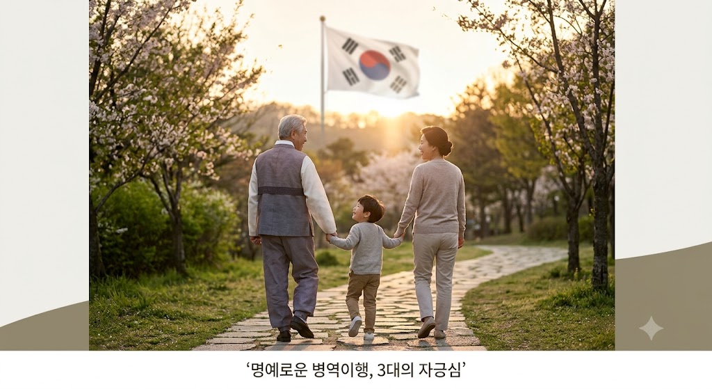 3대 가족이 함께 걷는 뒷모습과 태극기를 은은하게 연상시키는 장면